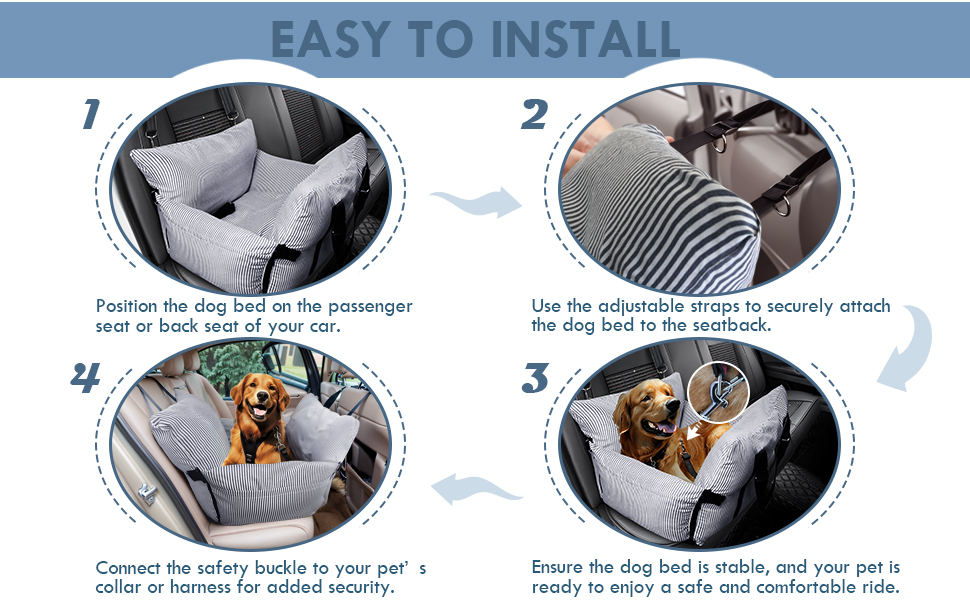 Автокрісло для собак маленьких та середніх порід (до 18 кг), з ременем безпеки та кишенями, антиковзаюча підставка, миється, морські смуги, 76x52 см