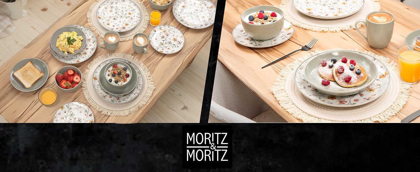 Набір посуду Moritz & Moritz PRIMAVERA з кераміки на 6 осіб (24 шт.) - сучасний сервіз з ігровим дизайном, легкий у догляді, з тарілками, мисками та чашками
