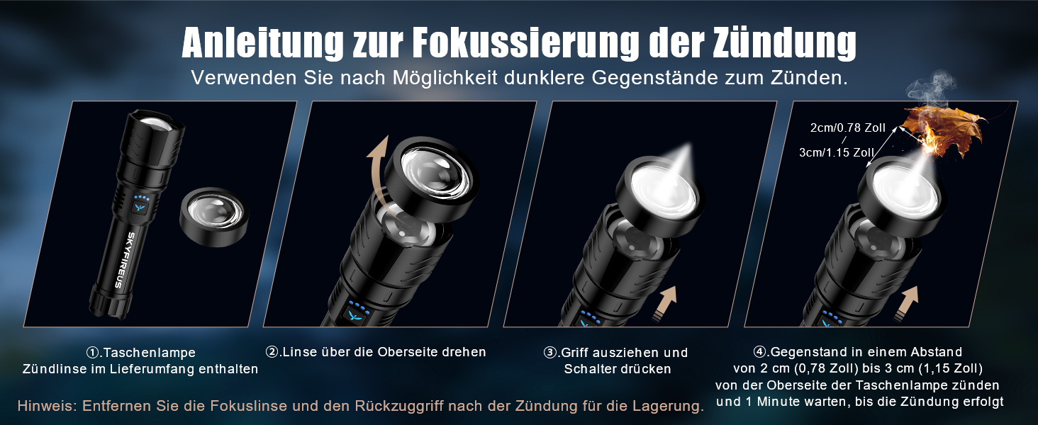 Ліхтар налобний LED Skyfire 900000 Люмен з лінзою для розпалювання вогню, USB, 4 режими яскравості, Zoom, для кемпінгу, надзвичайних ситуацій та походів, чорний