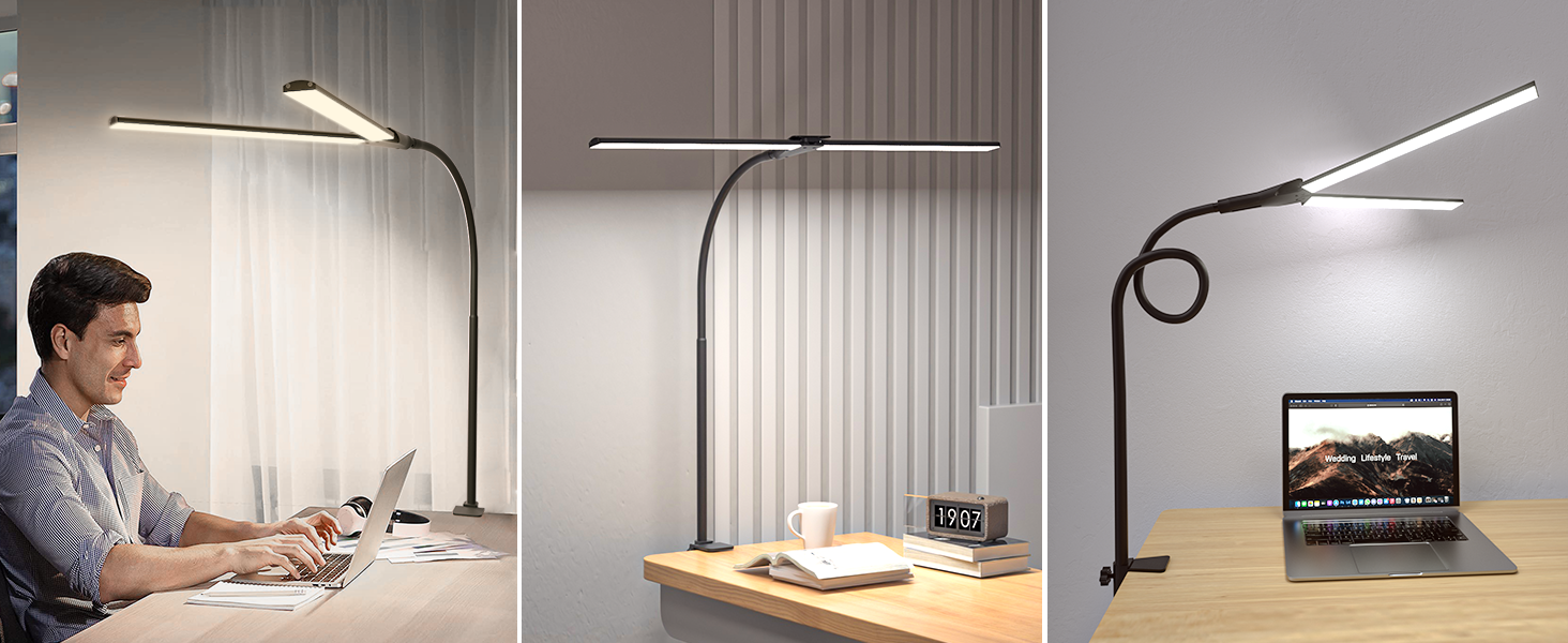 LED лампа настільна для офісу та дому, світло для монітора, 1400 люмен, регульована яскравість, кріплення на кліпсі, світильник для робочого місця, гнусий «лебединий шия», подвійний насадки, 5 режимів кольору та рівнів яскравості, білий колір (чорний, 64 см)