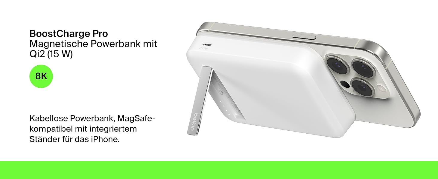 Belkin BoostCharge Pro Powerbank 10000mAh з Qi2, MagSafe, вбудований стійка, для iPhone 17, Air, 16, 15, 14, Pixel та інших – білий