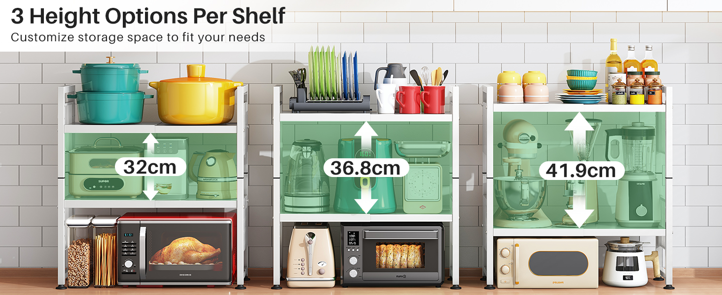 Поличка для мікрохвильової печі SAYZH, 3-рівнева висувна, органайзер для кухні з 10 гачками, біла
