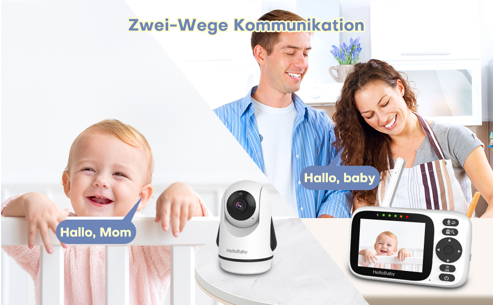 Дитячий відеоняня HelloBaby з камерою, поворотна, нахилена, з функцією зуму, 3.2'' IPS екран, 2-сторонній аудіо, інфрачервона нічна зйомка, ECO, без Wi-Fi, датчик температури, 8 колискових, HB6339