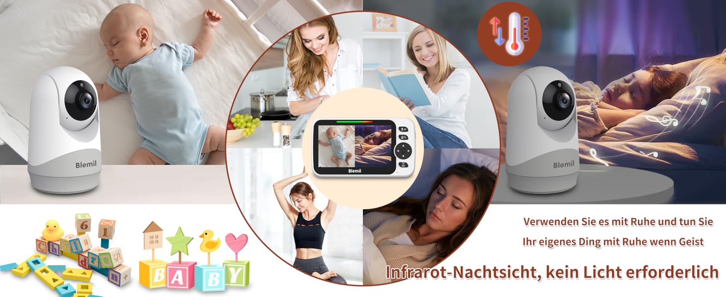 Дитячий відеомонітор з двома камерами, аудіо, акумулятор 30 годин, 5-дюймовий екран, віддалене керування (Pan/Tilt/Zoom), двосторонній зв'язок, датчик температури, нічне бачення