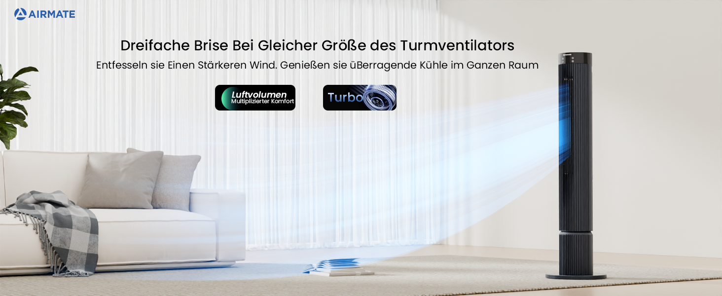 Турбовентилятор AIRMATE: 12 швидкостей, пульт ДУ, 10 м/с, 110 см, 3 режими, таймер 12 год, LED дисплей, 40W, сірий