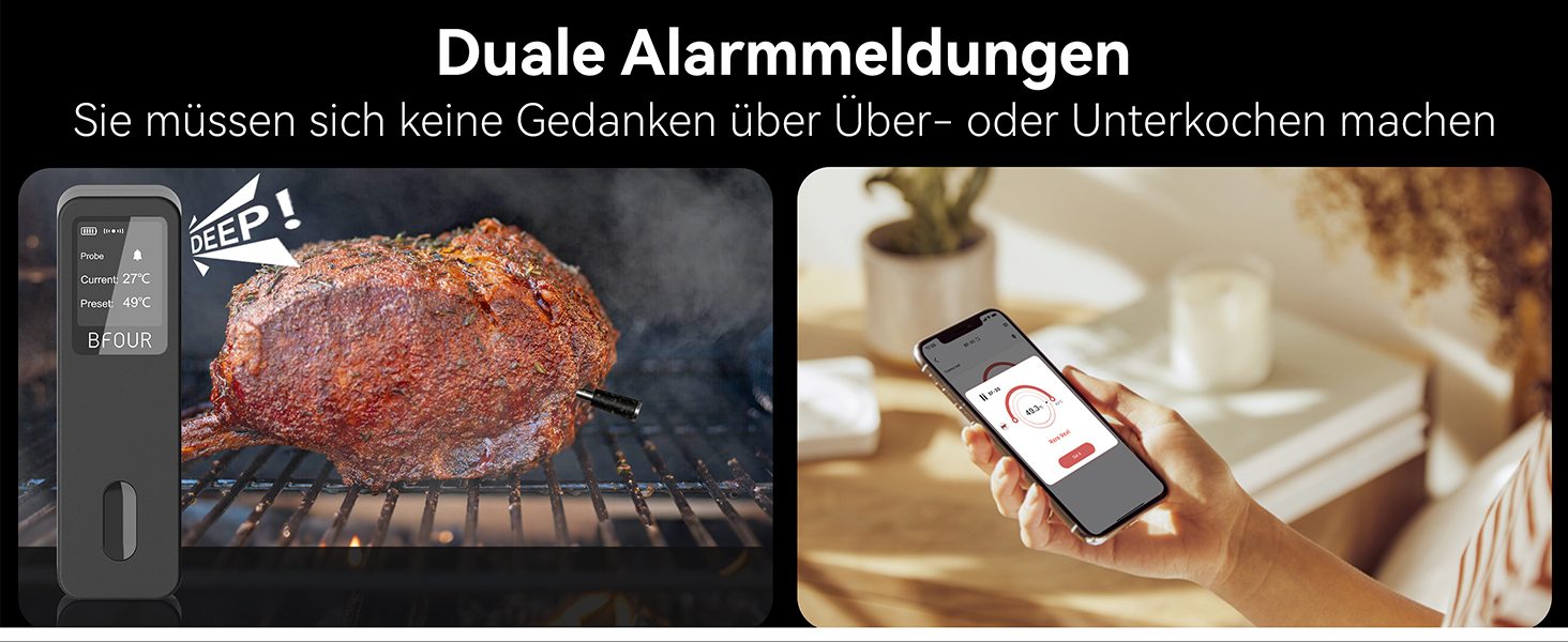 Термометр для м'яса BFOUR BF-30 PRO: бездротовий Bluetooth термометр-щуп з LCD-дисплеєм, IP67, для приготування BBQ, гриля, духовки, кухні (чорний)