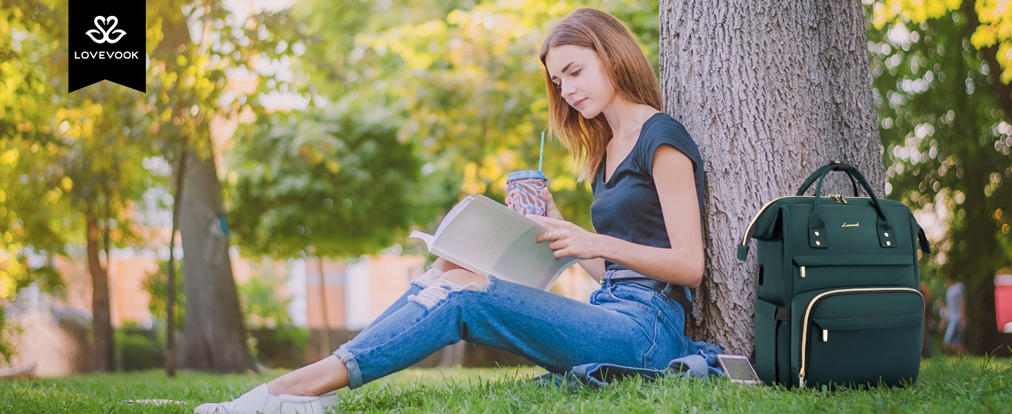 Рюкзак LOVEVOOK для жінок: водонепроникний, з USB-портом, 17' (15.6'), для навчання, роботи, подорожей, сірий/темно-зелений