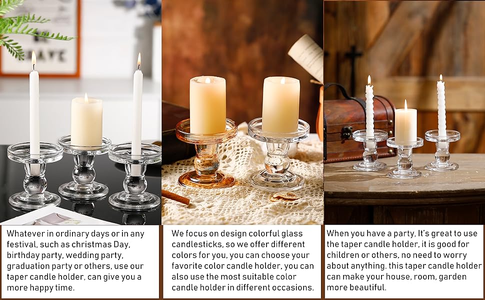 Glass Candle Holders for Pillar Candles/Taper Candles, Decorative Candle Stands, Set of 3, for Formal Events, Wedding, Church, Holiday Decorations, Table Decorations