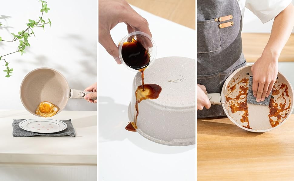 Набір посуду BOREINE 14 предметів: каструлі та сковороди з антипригарним гранітним покриттям (PFOA-free), знімні ручки, для всіх типів плит (індукція, склокераміка, газ, духовка), коричневий