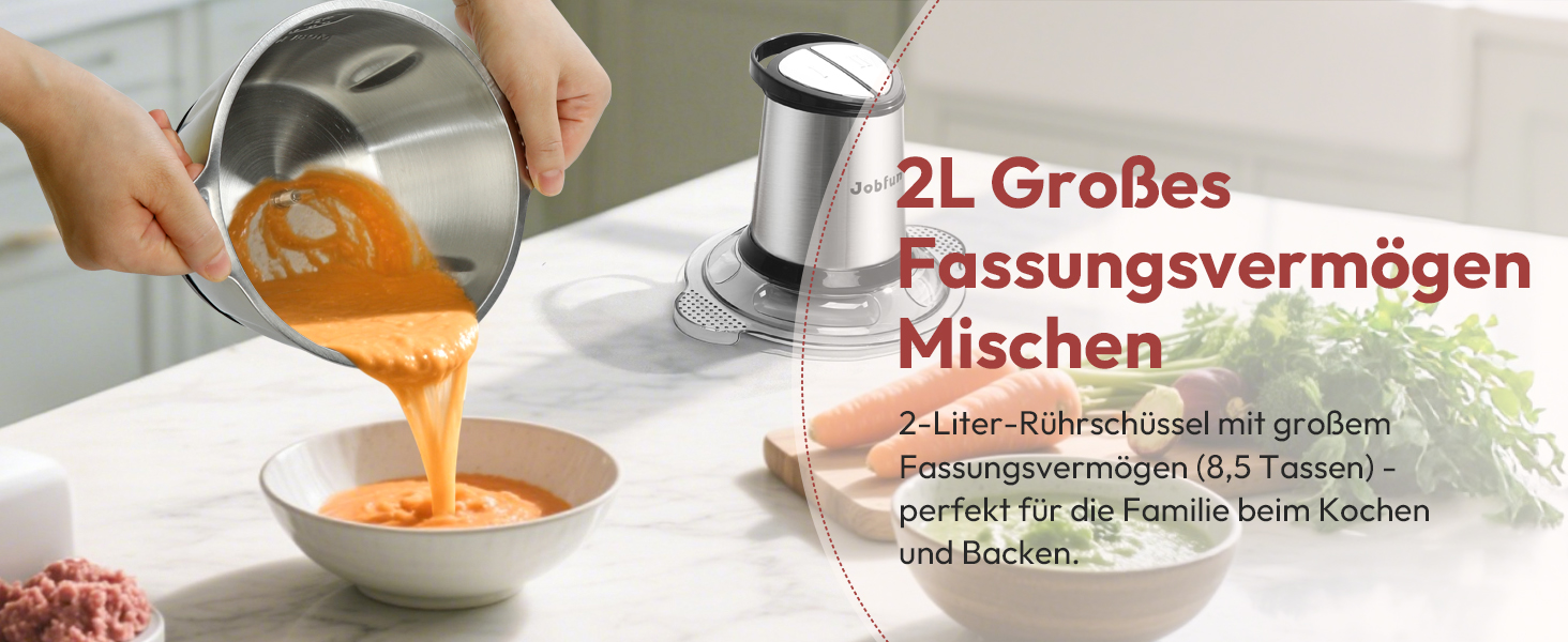 Електричний подрібнювач Jobfun 2L з нержавіючої сталі, 2 швидкості, мультиподрібнювач, м'ясорубка, подрібнювач для м'яса, цибулі, овочів (сірий)