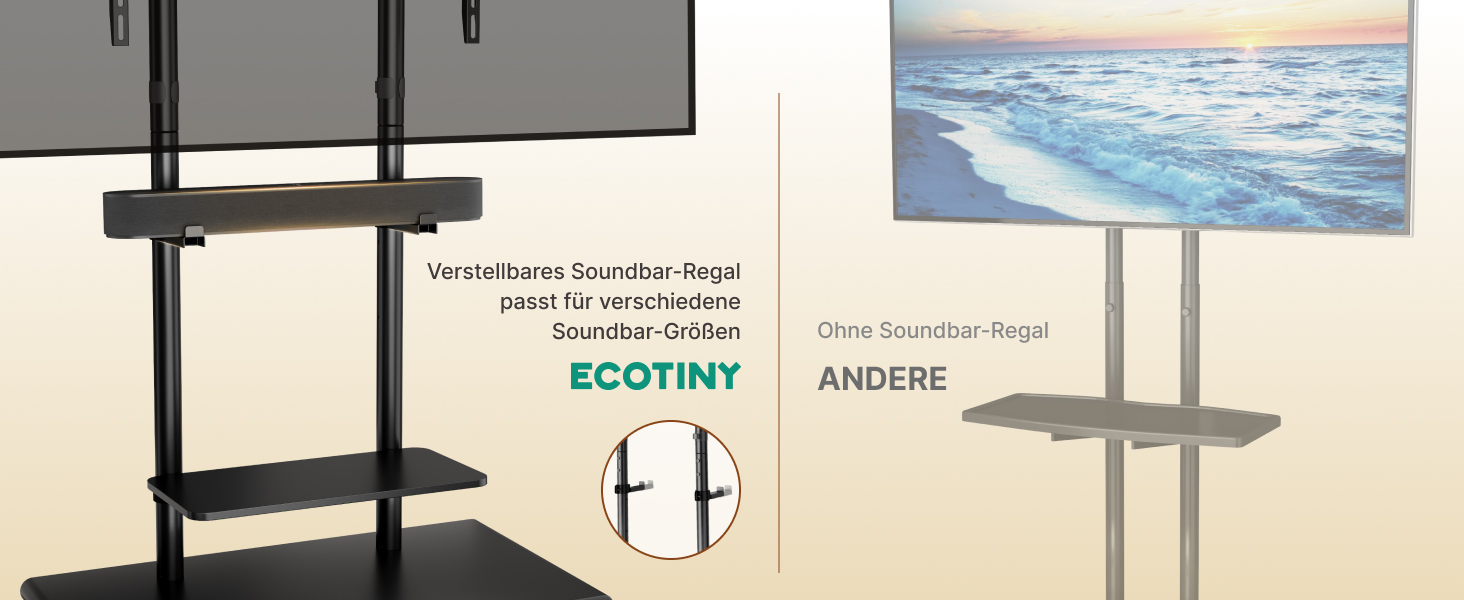 Підставка для телевізора на колесах з кріпленням для саундбару, 50-90 дюймів, до 70 кг, регульована висота та нахил, MAX VESA 600x400 мм