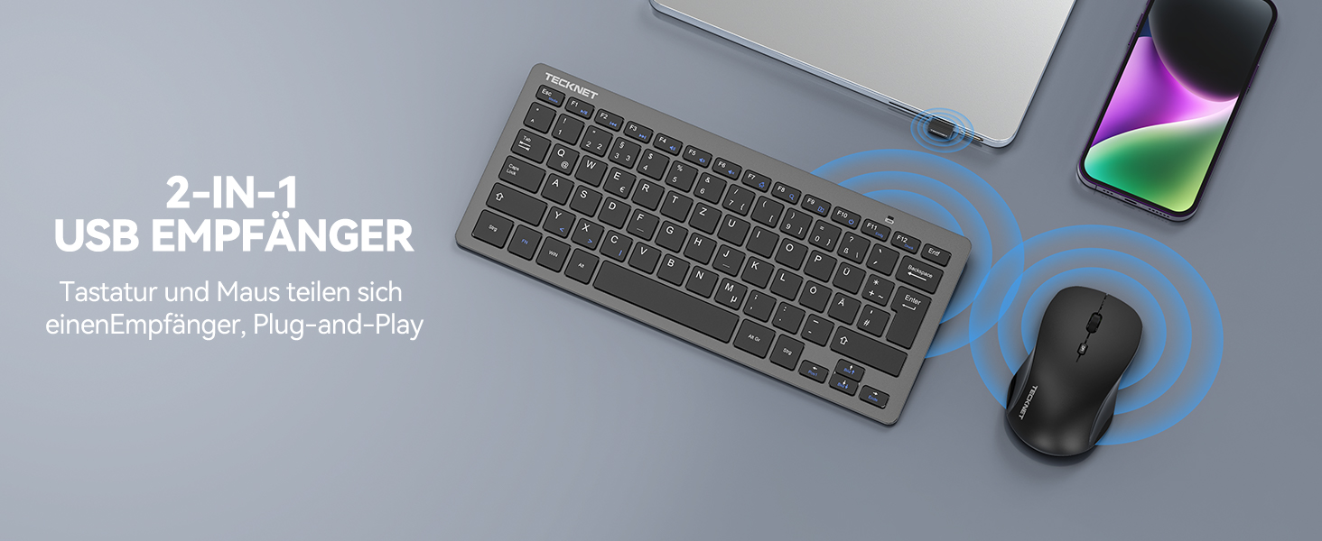 TECKNET Бездротовий Набір Клавіатури та Миші, QWERTZ, 2.4 GHz, 15м, Безшумна Клавіатура та Миша для ПК, Ноутбука, Smart TV, Білий (Сірий)