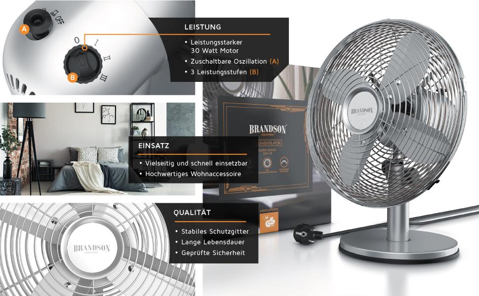 Настільний вентилятор Brandson з мідним дизайном: 3 швидкості, осциляція 80°, кут нахилу 40°, металевий корпус (сріблястий матовий)