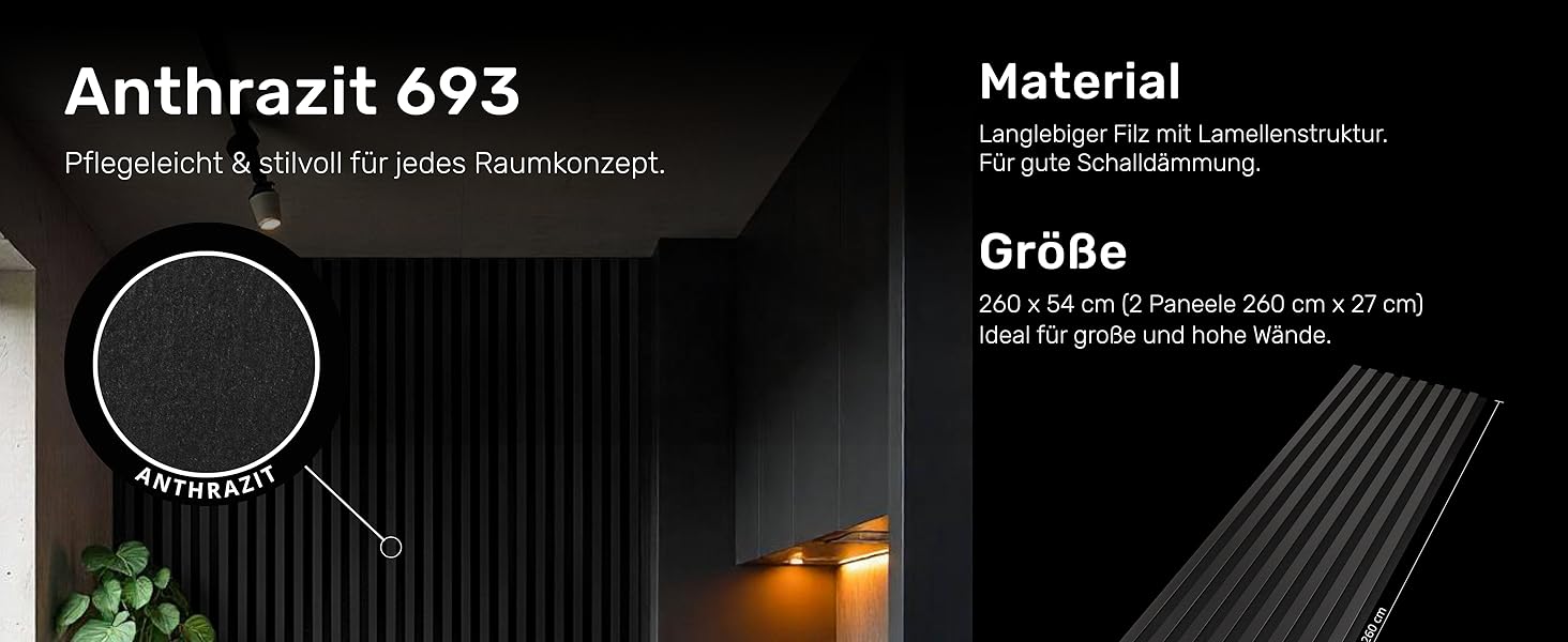 Акустичні настінні панелі SPAZIO Anthrazit 693, 260x54 см (набір 2 шт. 260x27 см), оббивка на фетрі для звукоізоляції