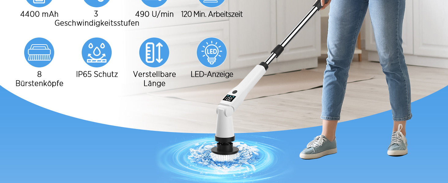 Електрична щітка для прибирання з 8 насадок, 3 швидкості, IP65 водостійка, регульована ручка, акумуляторна щітка для ванної, кухні, плитки, душу та кутів (біла)