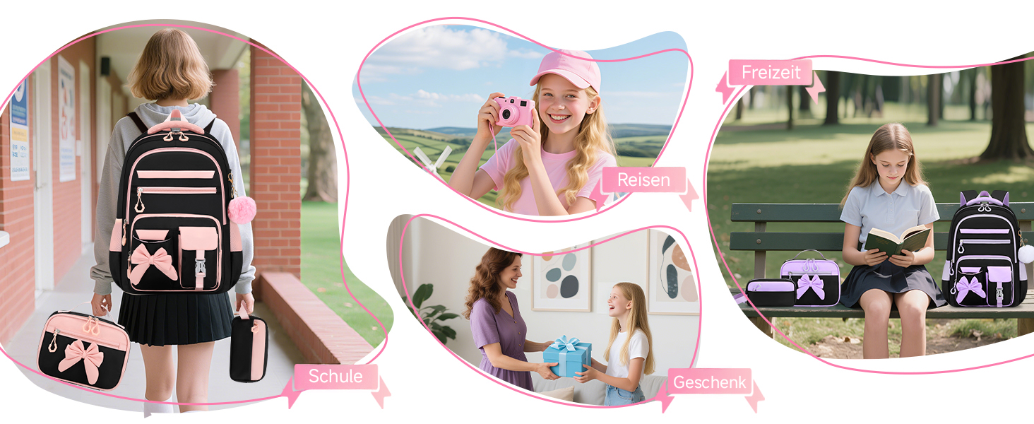 Шкільний рюкзак для дівчаток 3 в 1: рюкзак, ланч-бокс, пенал. Kawaii дизайн, 3-7 клас, для гімназії. Антикрадіжна сумка, 24L, фіолетово-чорний колір.