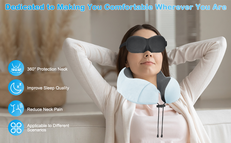 Подушка для шиї в літак, доросла, Memory Foam, регульована, компактна, з навушниками, маскою для сну, коробкою для зберігання (Блакитна)