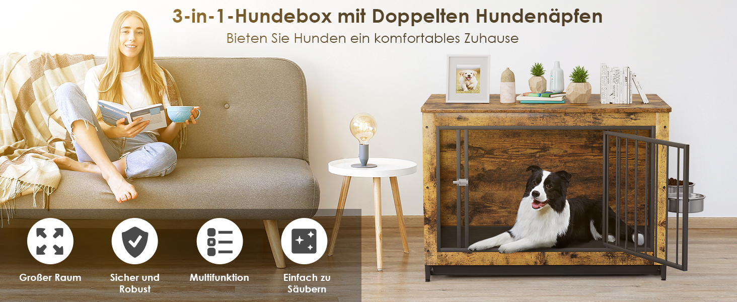 Дерев'яний вольєр для собак, 93x64x58 см, з піддоном та мисками, для собак середніх та маленьких порід (до 40 кг), білий (колір дерева)