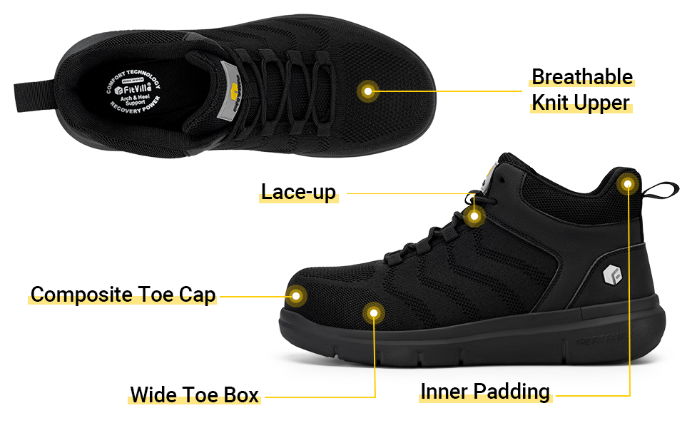 Черевики безпеки чоловічі FitVille широкі з металевим носком, дихаючі, антиковзкі, захисні, 43 EU, чорні