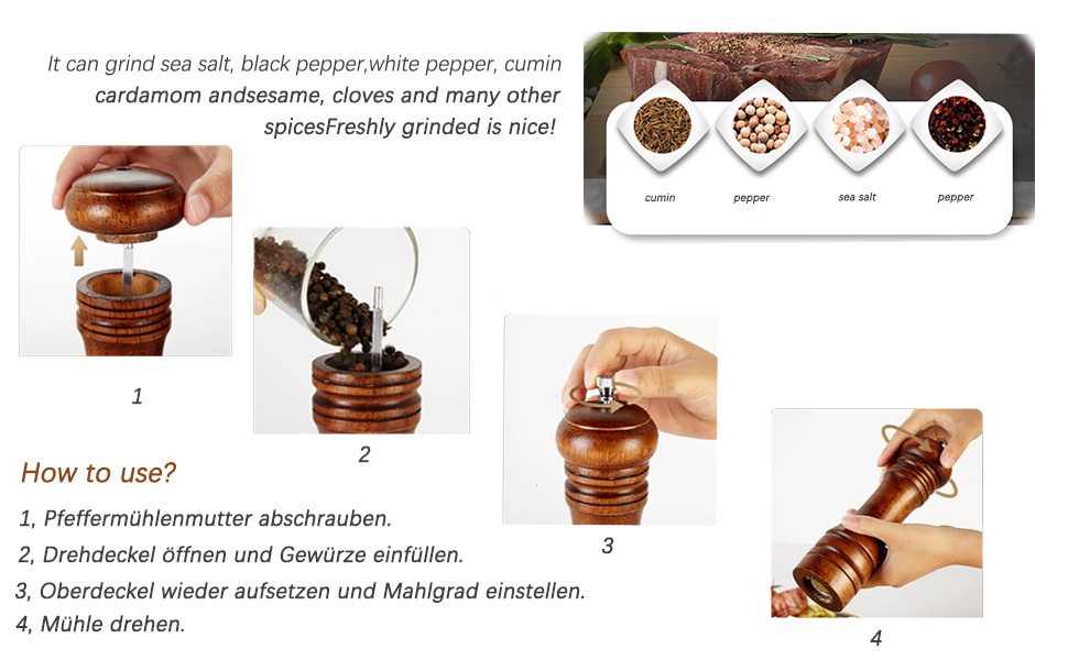 Двокомпозитна млинка для солі та перцю з дерева з підставкою, набір великих подрібнювачів спецій з регульованим керамічним механізмом для солі та перцю (21 см)