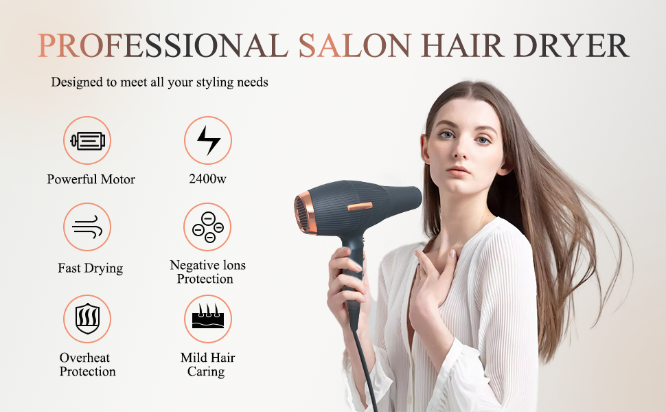 Професійний фен лоеvely рожевий 2400W з іонізацією та AC мотором, з насадкою-дифузором, 3 режими нагріву та 2 швидкості, для дому та салону