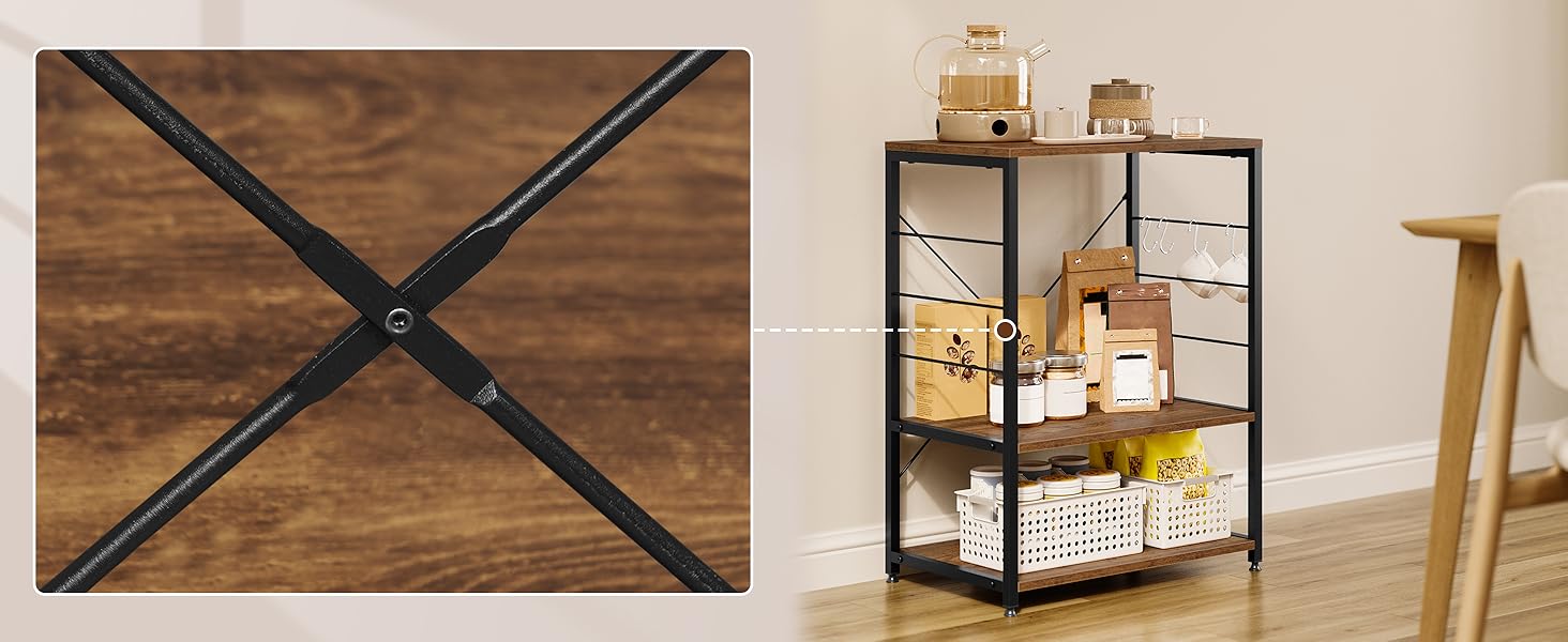 WOLTU Kitchen Shelf, Freestanding Shelf, Microwave Holder, Baker's Rack, Metal Shelf made of Wood and Steel, with 3 Shelves, approx. 60 x 40 x 82 cm, White + (Vintage Brown)