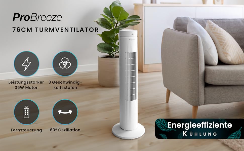 Турбовентилятор Pro Breeze з пультом керування, 76 см, коливання 65°, таймер, 3 швидкості – потужний та енергоефективний, тихий вентилятор для спальні та офісу, білий