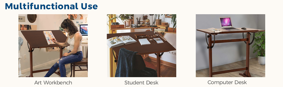 VISWIN Adjustable Drawing Table - Large Wooden Art Table for Artists - Height & Angle Adjustable, Solid Pine Wood, Studio Easel Table for Painting & Drawing