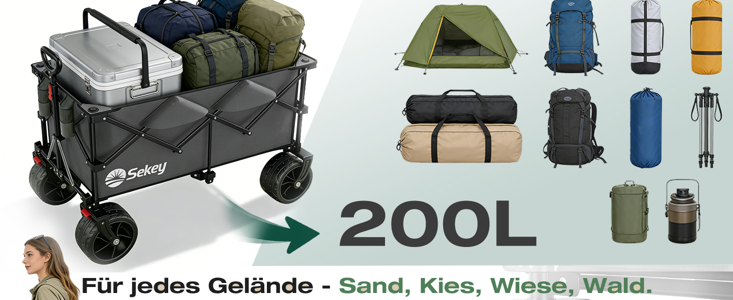 Універсальний складаний візок Sekey XXL Plus 200L/200кг з гальмами та широкими колесами для бездоріжжя, антрацит