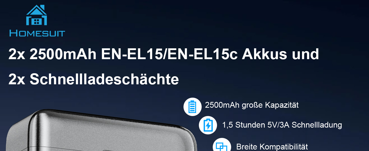 Акумулятор Homesuit EN-EL15c/a/15 (2шт) з LCD зарядним пристроєм для камер Nikon Z5, Z6, Z6II, Z6III, Z7, Z8, D7500, D7000, D7100, D7200, D500, D600, D610, D750, D780, D800, D810, D800E, D810A, D850