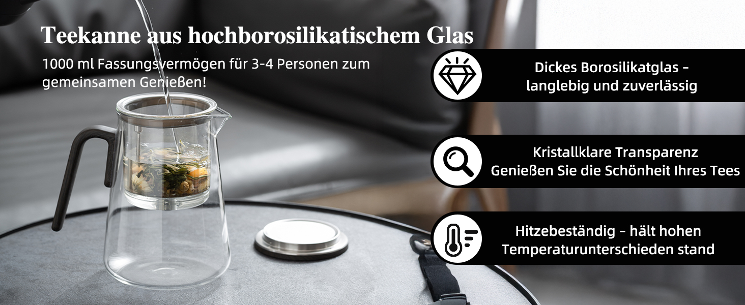 Чайник ZENS Magic з боросилікатного скла з ситом, 1000 мл, з магнітним кришкою та ручкою з чорного горіха