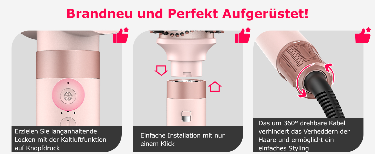 MESCOMB Airstyler 5-в-1: Іонний фен та мультистайлер для волосся з насадками. Швидке сушіння, локони, об'єм, випрямлення. Без пошкодження волосся. З дорожньою сумкою. Рожевий колір