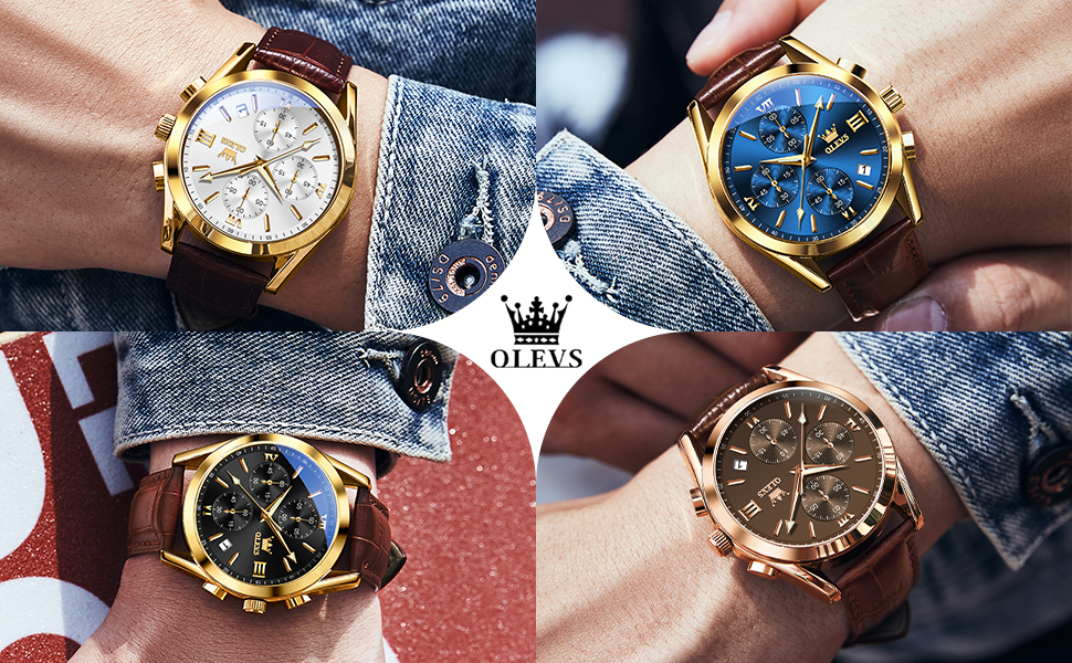 Чоловічий годинник OLEVS Vintage з шкіряним ремінцем, великий циферблат, водонепроникний, аналоговий годинник з датою, коричневий циферблат/коричневий ремінець