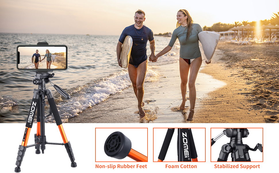 Штатив ZOMEi 188 см - важкий, для професійного відео та фото, сумісний з DSLR, телефонами, проекторами, біноклями, телескопами (чорний, помаранчевий)