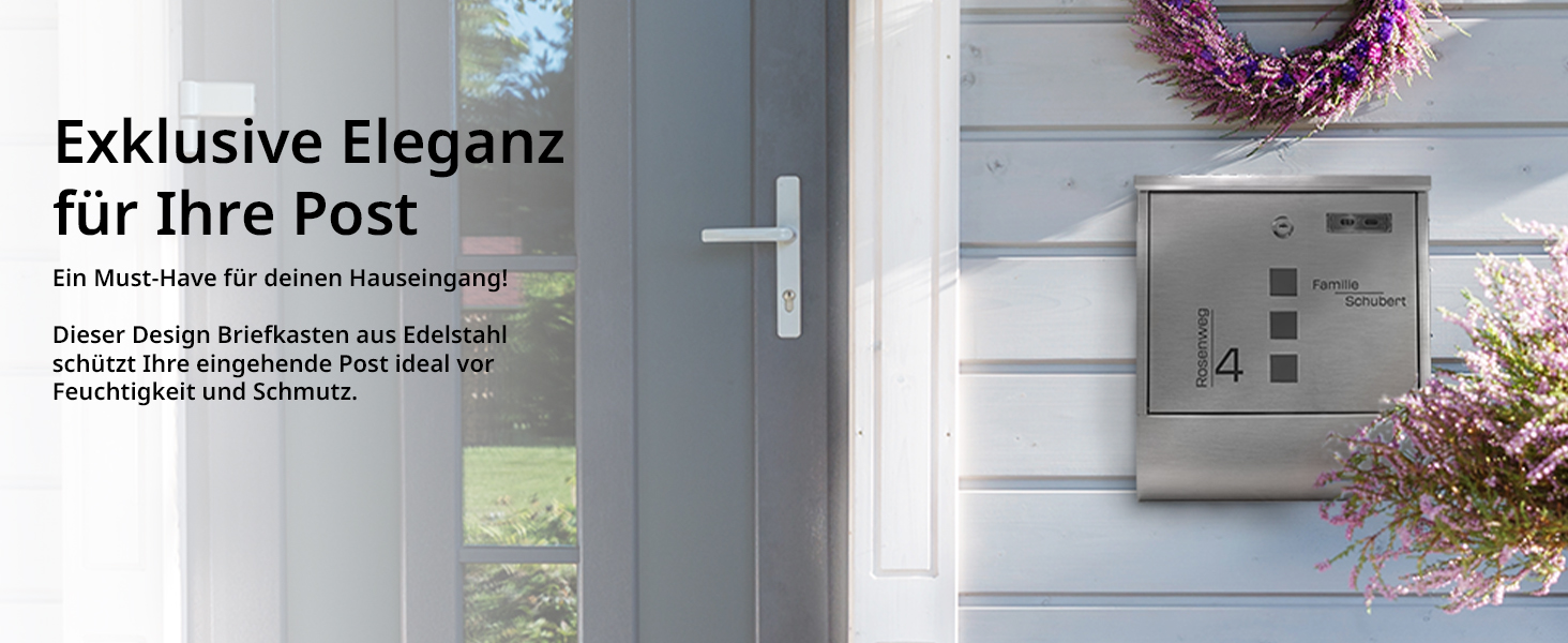 Поштовий ящик Grafner з нержавіючої сталі, персоналізований, з газетницею та 2 ключами. Гравіювання імені, вулиці та номера будинку. Комплект для монтажу входить.