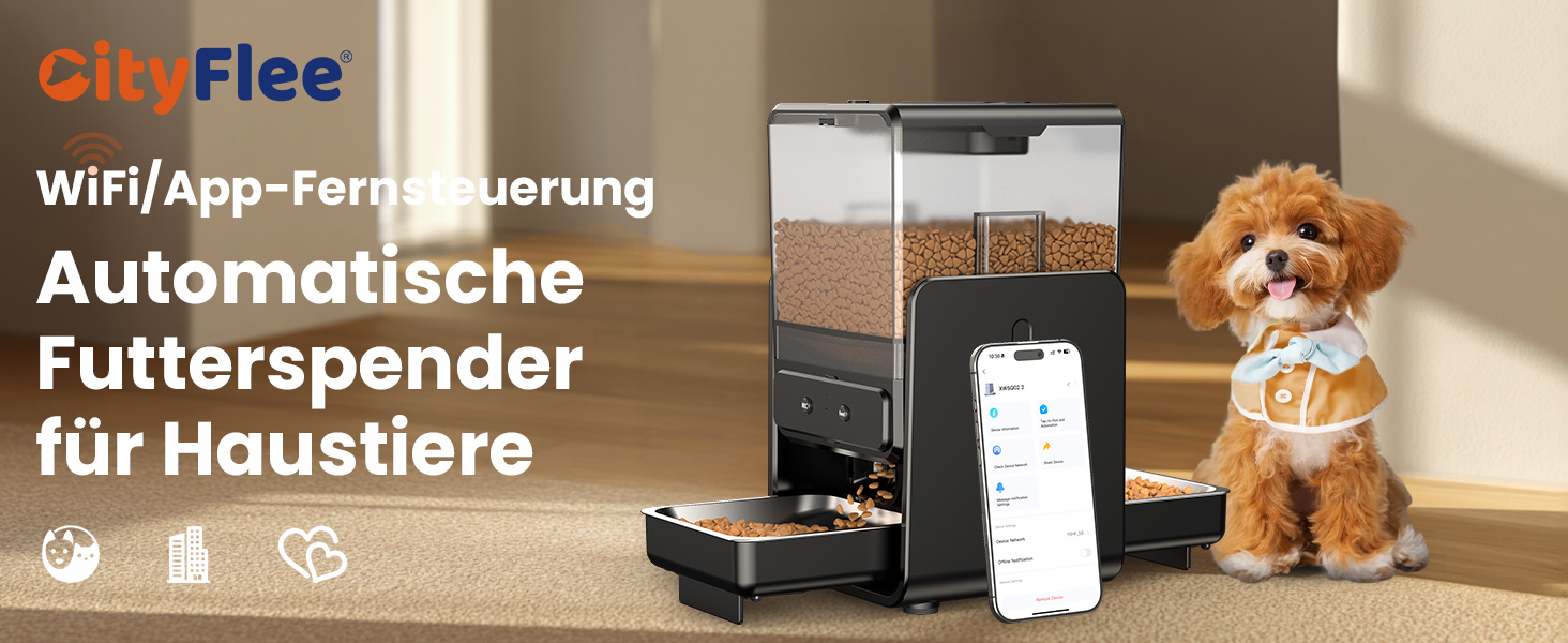 Автомат годування котів з App-керуванням, для 2 котів, регульована висота, 2 миски, 5-літровий бункер, з функцією запису голосу, таймер, WiFi