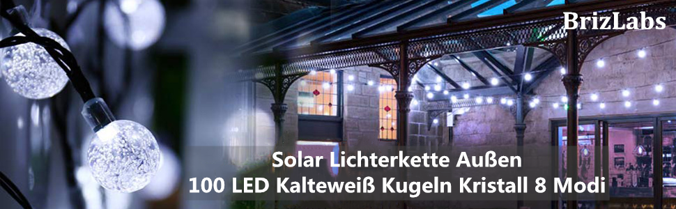 Сонячна гірлянда BrizLabs для саду та дому, 22м, 100 LED, кришталеві кулі, 8 режимів, вологостійка, для тераси, тору, свят, весілля, партії, внутрішнього та зовнішнього використання, холодне біле світло