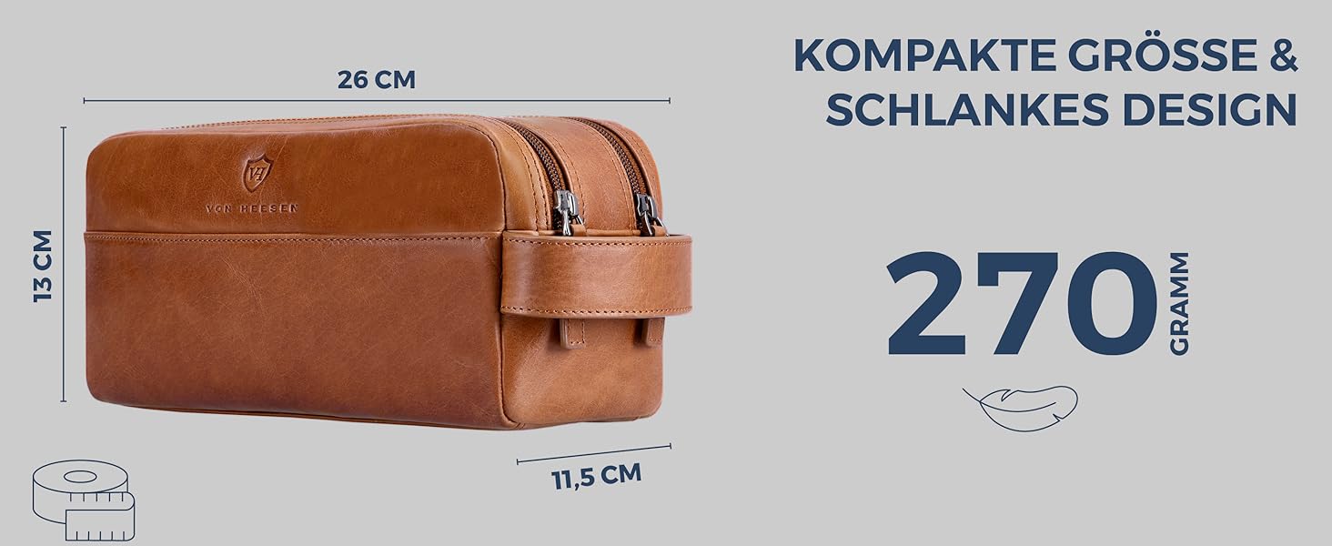 Шкіряна косметичка для подорожей VON HEESEN — дорожня сумка для аксесуарів та гігієни з 2 відділеннями, натуральна шкіра, коричнева (Cognac Braun)