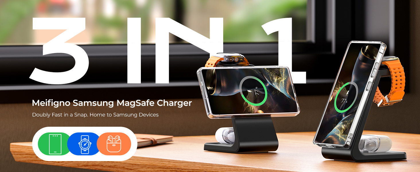 Магнітна зарядка 3-в-1 для Samsung Galaxy: швидка бездротова зарядка Mag-Safe для S25 Ultra/S24/S23, Z Fold/Flip, Galaxy Watch Ultra/7/6 та Galaxy Buds Pro (чорний)