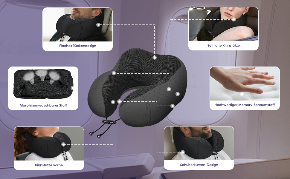 Подушка для шиї у літак - туристична подушка з Memory Foam - зручна подушка-воротник з м'яким дихаючим чохлом - ідеальна для подорожей, офісу, авто, кемпінгу, сну (Чорний)