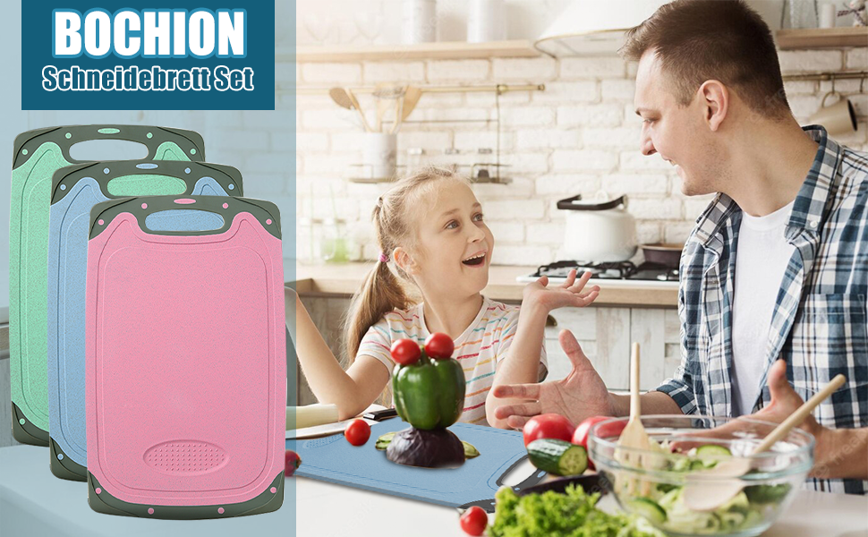 Набір з 3 дерев'яних обробних дощок з пластику, великі, кухонні, з антибактеріальним покриттям, з жолобом для соку та пресом для часнику, червоного, жовтого, зеленого кольорів