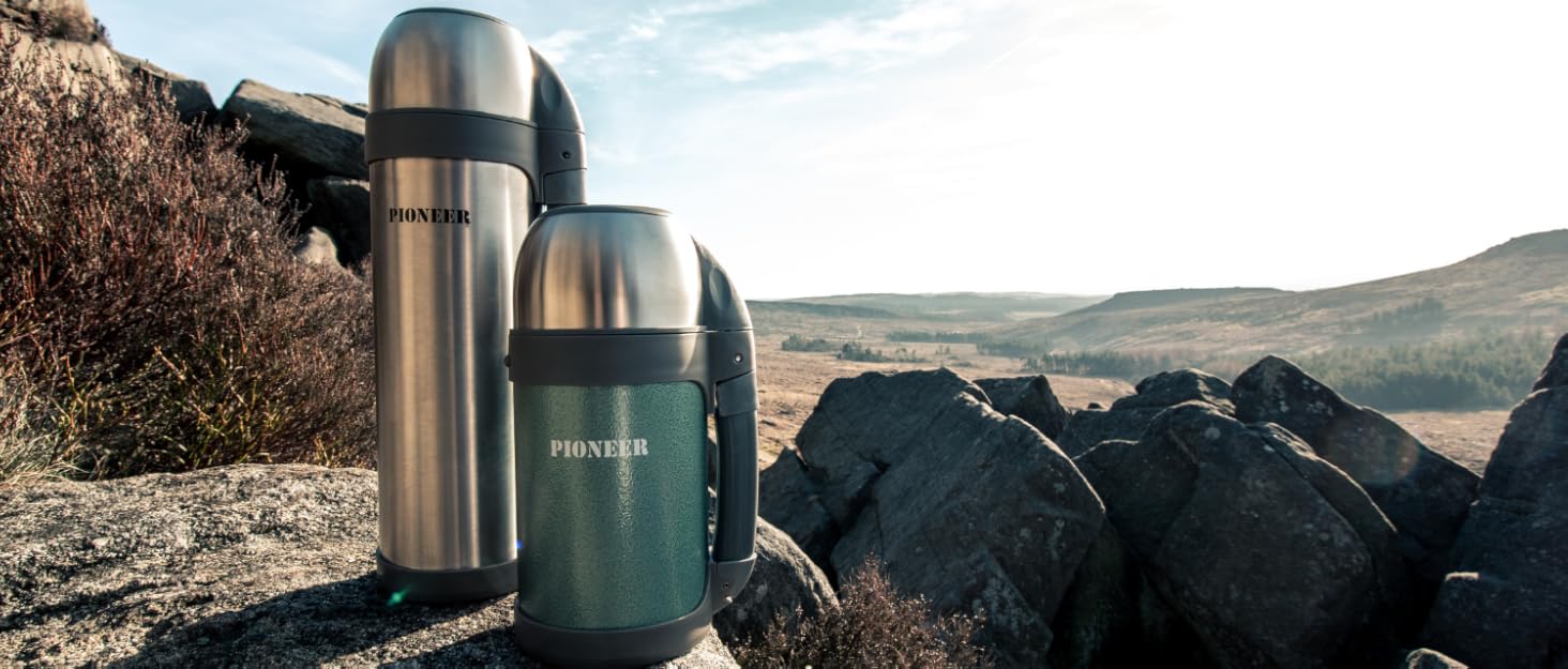 Pioneer Stainless Steel Insulated Flask with Button Lid & Drinking Cup - 1.0L Double-Walled Vacuum Insulation - Keeps Hot for 8 Hours, Cold for 24 Hours - Leakproof, BPA-Free - Black, 1000ml