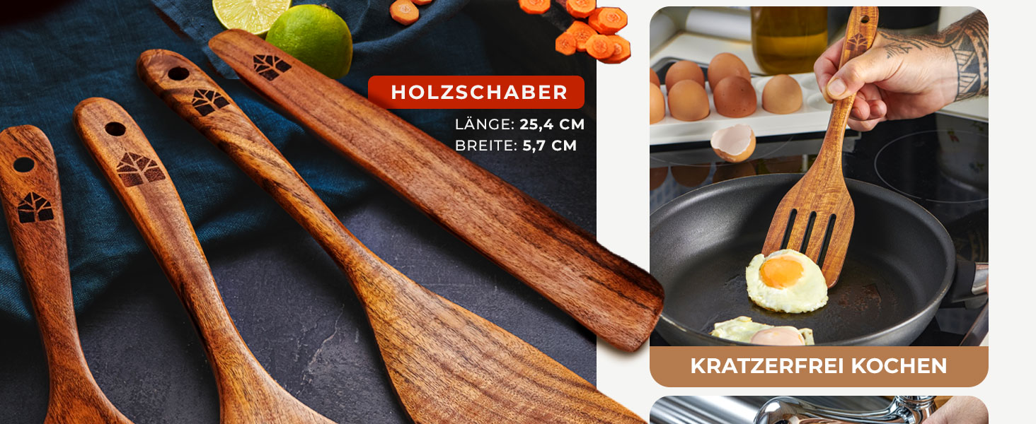 Набір дерев'яних лопаток для кухні Pfannenwender Holz (4 шт.) - лопатка, ложка-шумівка, шпатель, скребок. Без BPA, міцний кухонний посуд для антипригарних сковорідок