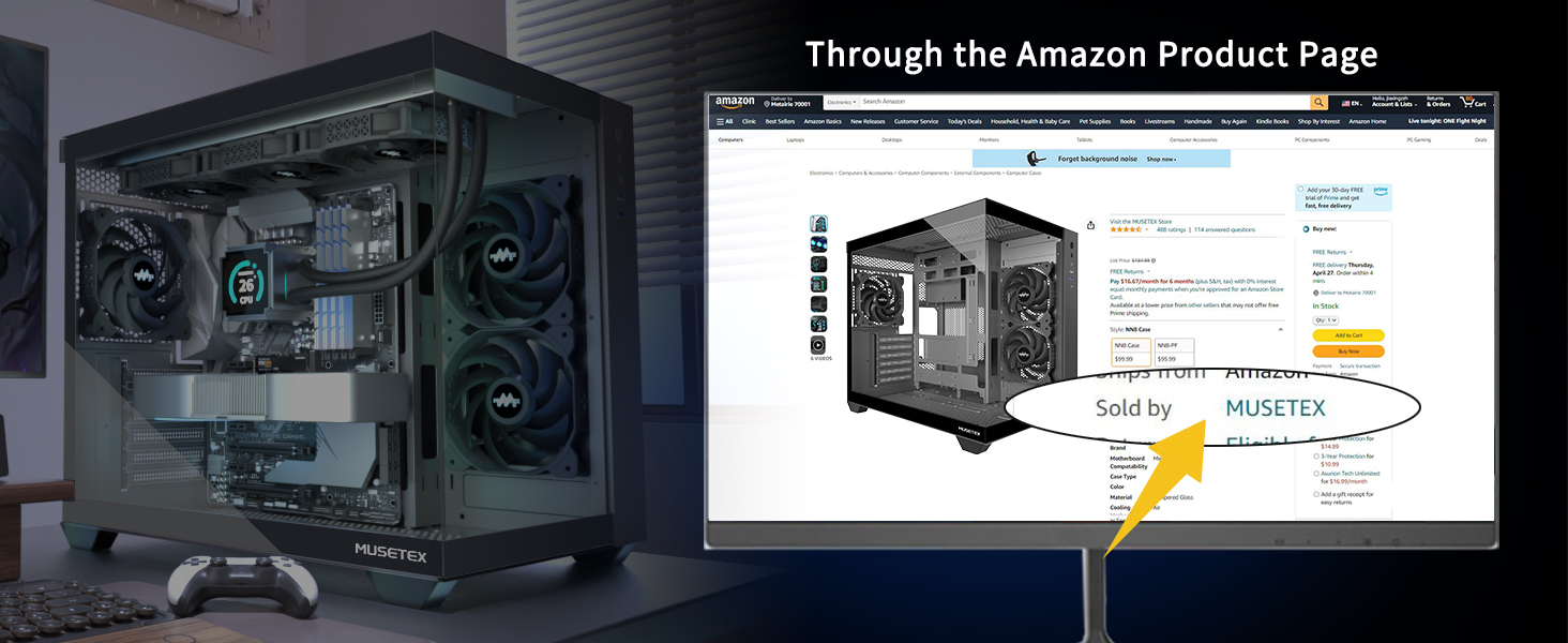 Корпус для ПК ATX MUSETEX Y6, чорний, з 3 вентиляторами, скляна панель, Type-C, Mid Tower