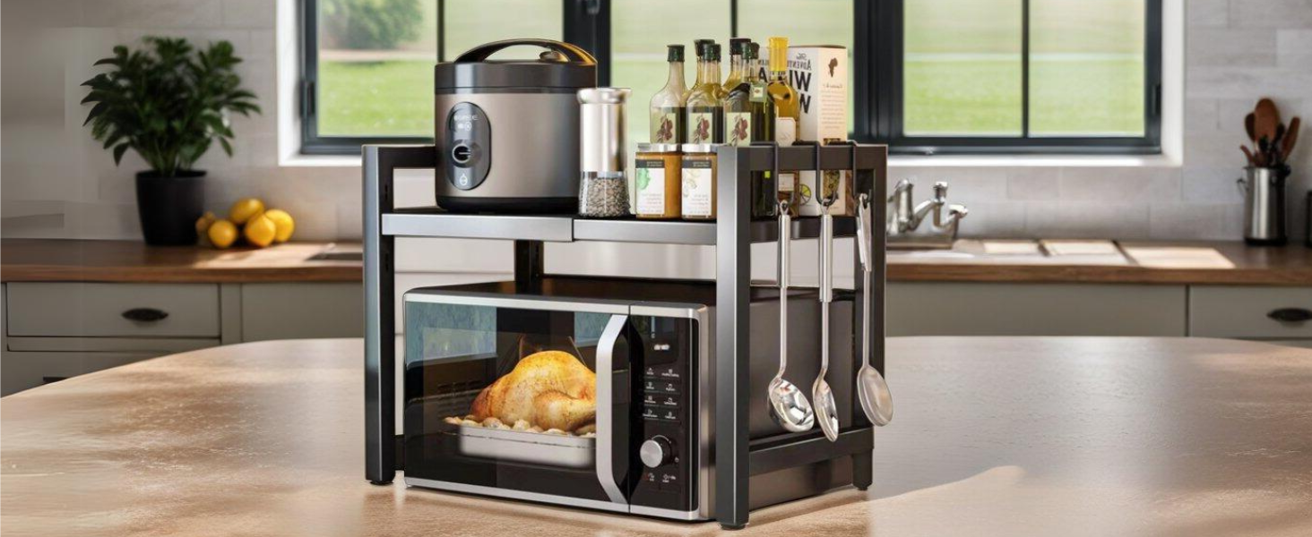 Регульована полиця для мікрохвильової печі та духовки. Організатор для кухні зі сталевими аксесуарами (35–60 см)