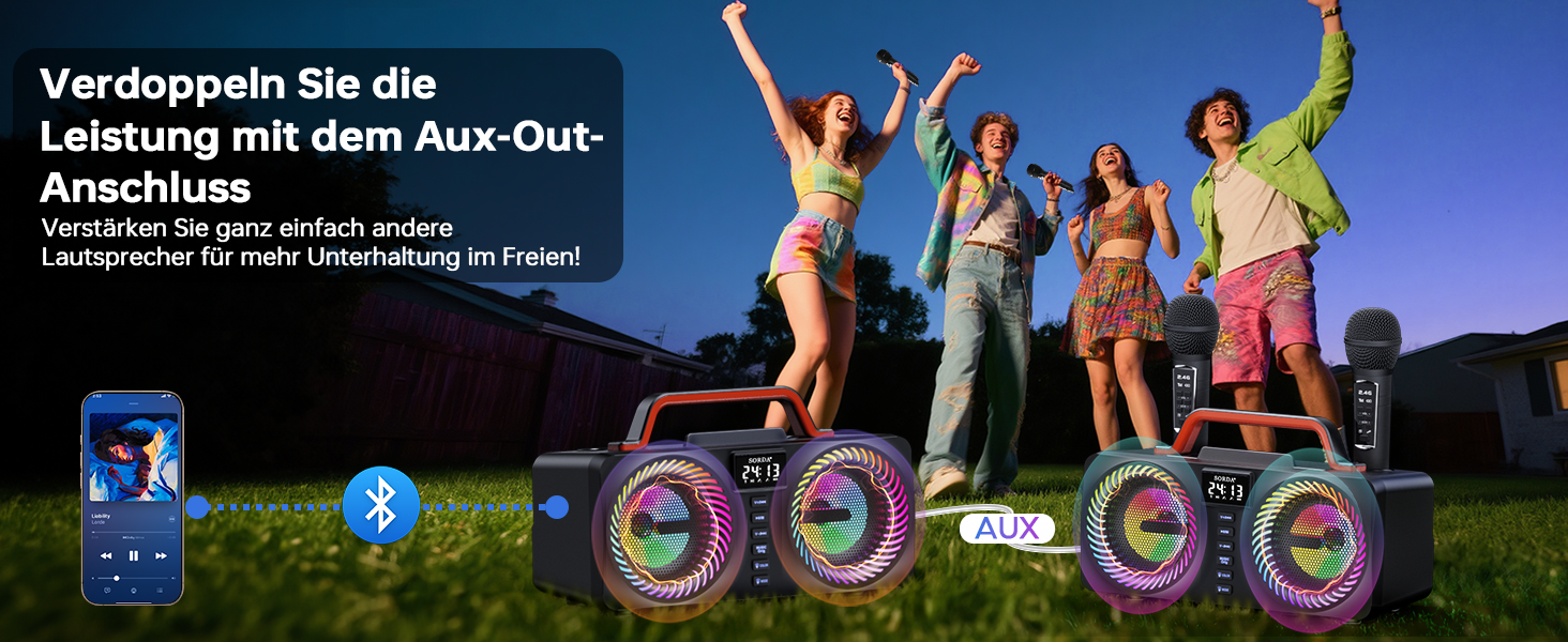 Караоке-машина для дорослих та дітей, портативна Bluetooth-система 80W – 2 бездротові мікрофони, регулювання ехо, USB/AUX-роз'єми, ідеальний подарунок для вечірок на природі