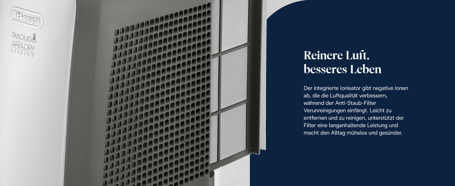 Зволожувач повітря De'Longhi Tasciugo AriaDry Light - портативний, з іонізацією, технологія цеоліту, 7.5 л/день, сушка білизни, сірий (DNS65)