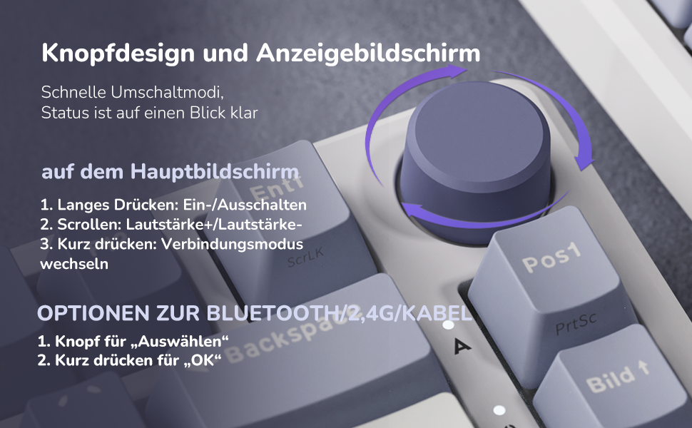 Ігрова клавіатура RK ROYAL KLUDGE M75: бездротова, механічна, RGB, 75% TKL, OLED-дисплей, Hot-Swappable, QWERTZ, червоний перемикач, лавандово-фіолетовий колір