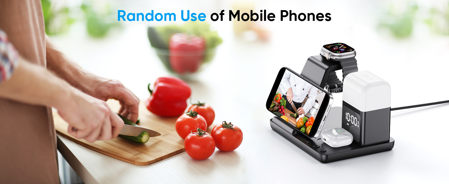 Бездротова зарядка для iPhone 17/16/15/14/13/12, 6-в-1 з нічною лампою та будильником, сумісна з Apple Watch та AirPods (Білий/Чорний)