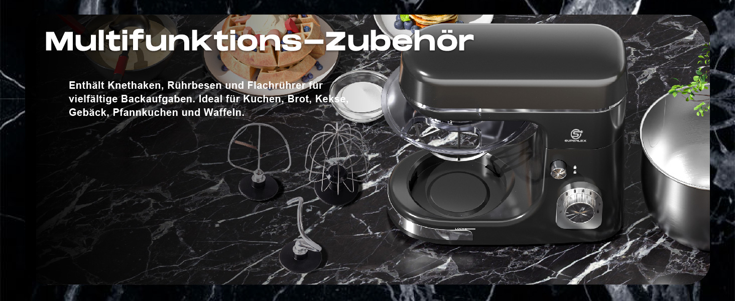 Кухонна машина SUPERLEX 3-в-1: міксер, тістоміс, блендер. 1300W, 5л чаша з нержавіючої сталі, 8 швидкостей, з набором насадок (крюк, вінчик, вінчик для збивання), захист від бризок. Для приготування тіста, випічки та десертів.